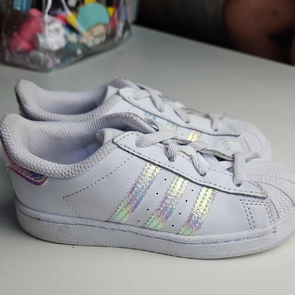 Adidas Kids White Sneakers with Iridescent Accents